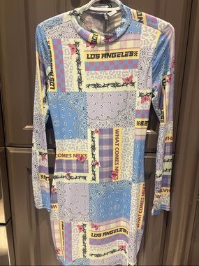 Long Sleeve Patchwork Print Mini Dress in Pastel Blue